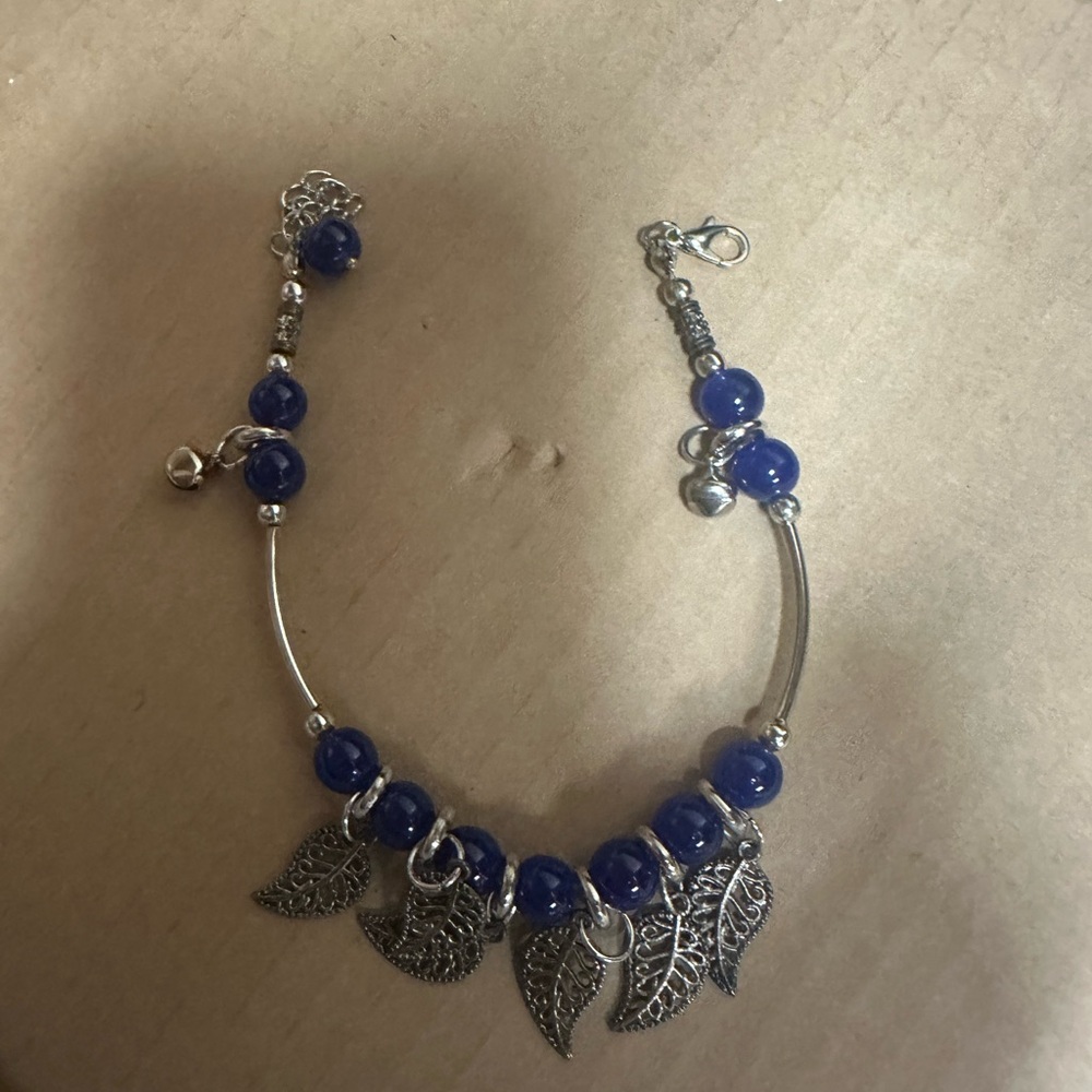 Blue Beaded Silver Leaf Necklace